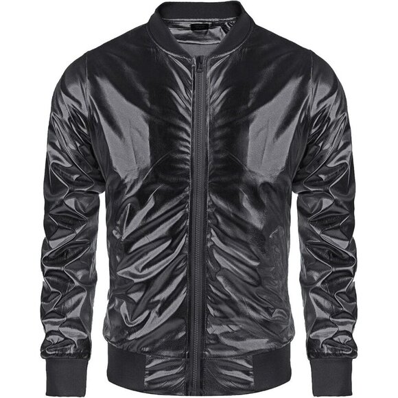 Other - Men's Black Shiny Fabric Varsity Bomber Jacket Metallic Style Zipper Shirts